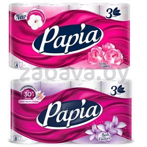 Бумага туалетная Papia Bali Flower или Secret Garden, 3 сл., 8 рул.