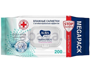 Салфетки влажные Aura Family с крышкой, антибакт., 200 шт.