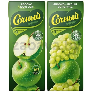 Сок/нектар «Сочный», яблоко или яблоко-белый виноград, 200 мл